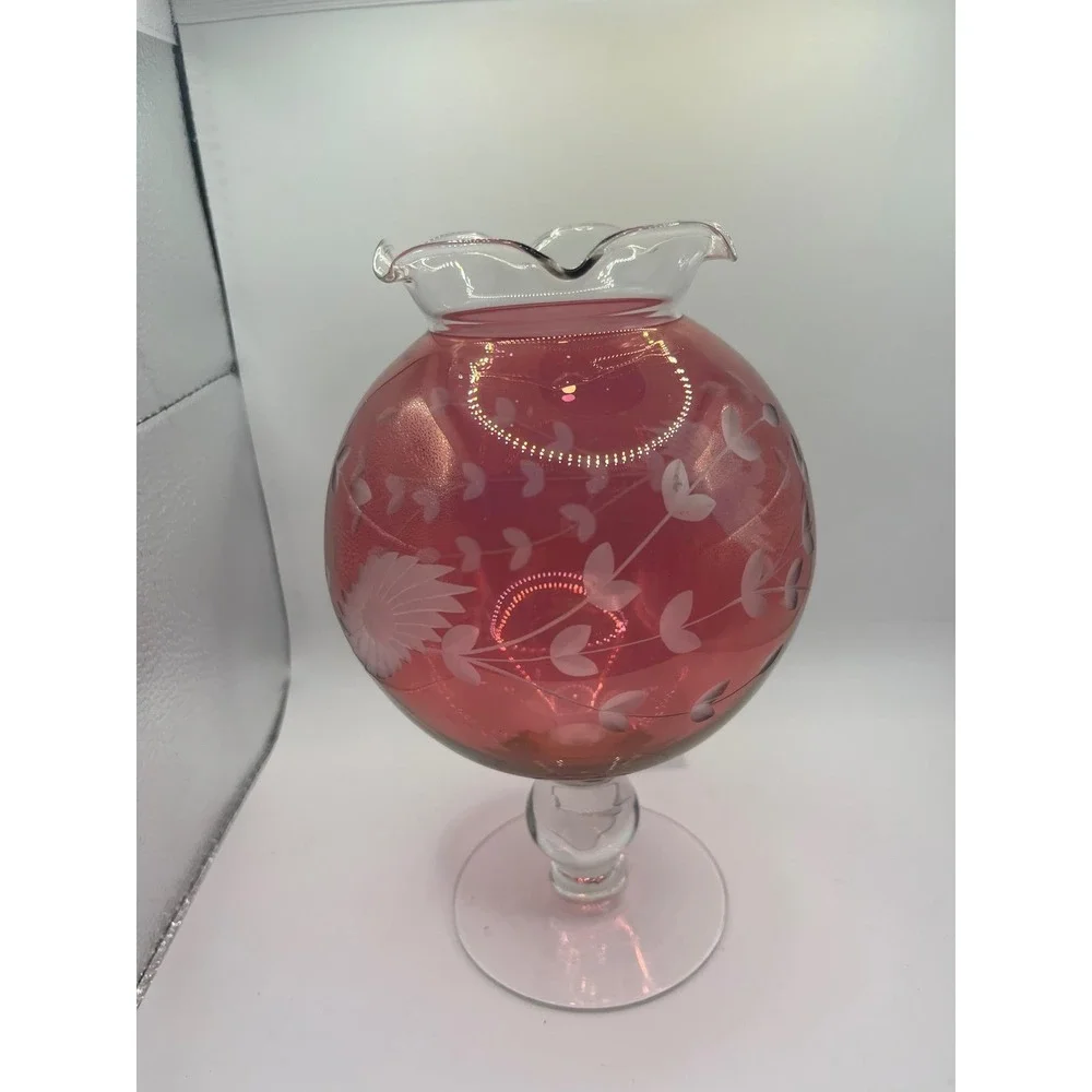 Vintage Cranberry‎ Etched Candleholder Ruffled Top